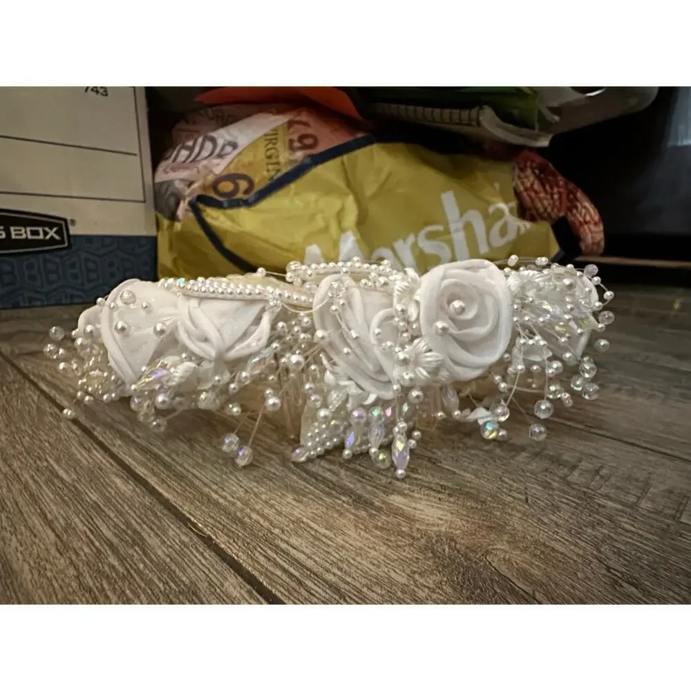 Women's White Floral Feather Bridal Hair Clip Headband vintage 80s